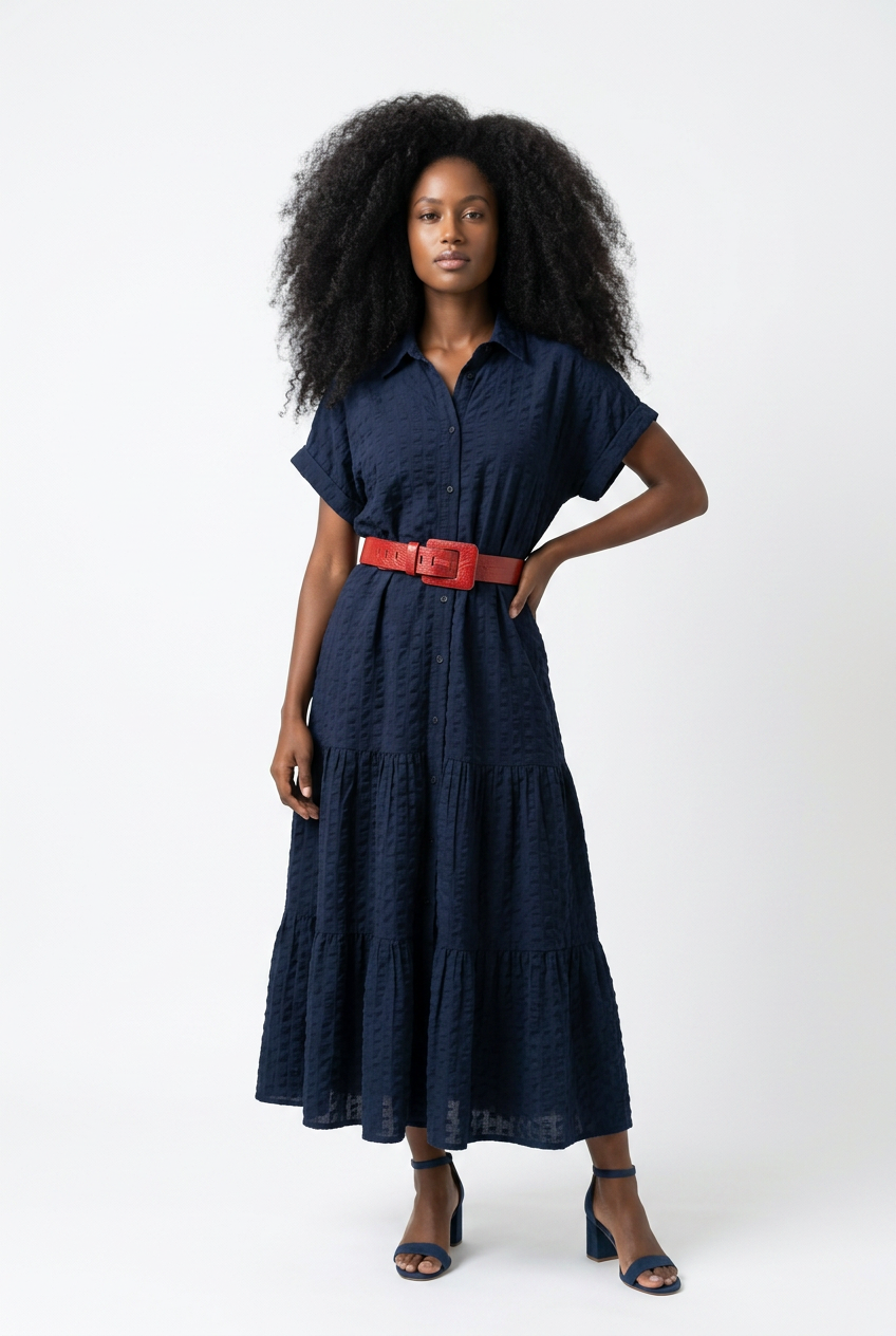 Designer Navy Gingham Cotton Dress Sz 18