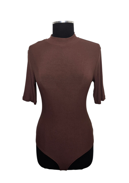 Chocolate Mock Turtleneck Ribbed Bodysuit