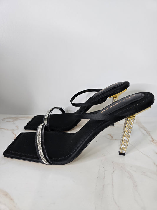 Good American Black Satin Jeweled Stiletto Open Toe Slip On Heel Sz 12 (best fit size 11)