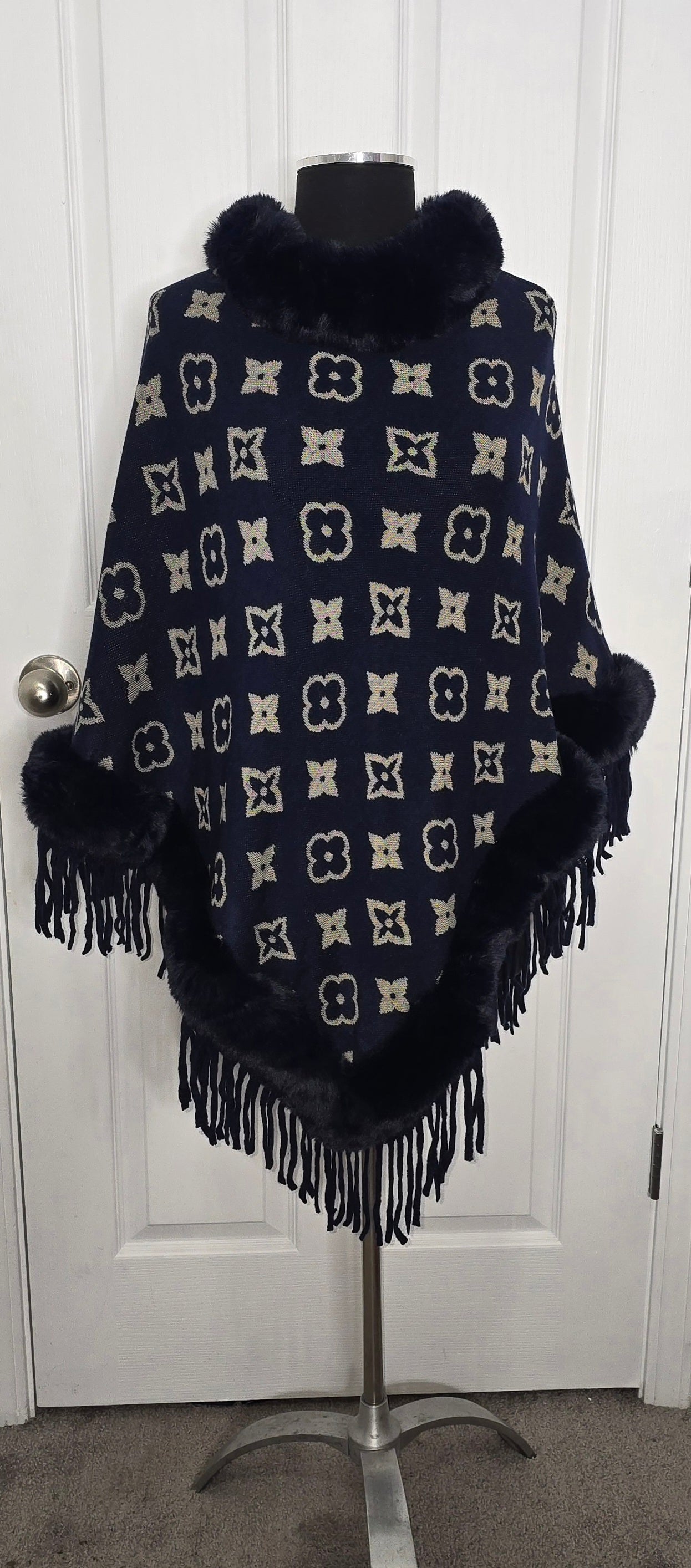 Faux Fur Trimmed Navy Blue Cape One Size