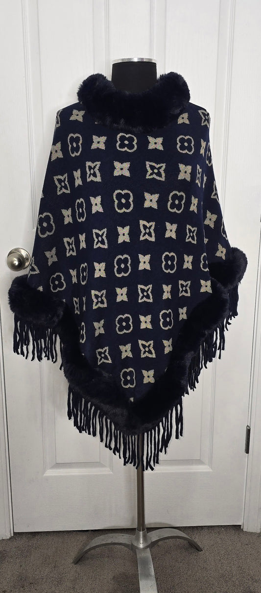 Faux Fur Trimmed Navy Blue Cape One Size